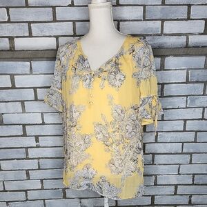 Liz Claiborne Women's Yellow and Gray Floral Layered Blouse Size Large